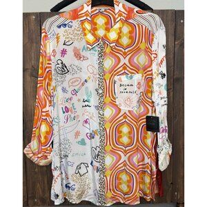 John Mark 3X Novelty Mix Print Long Roll Tab Sleeve Button Front Tunic Top NWT